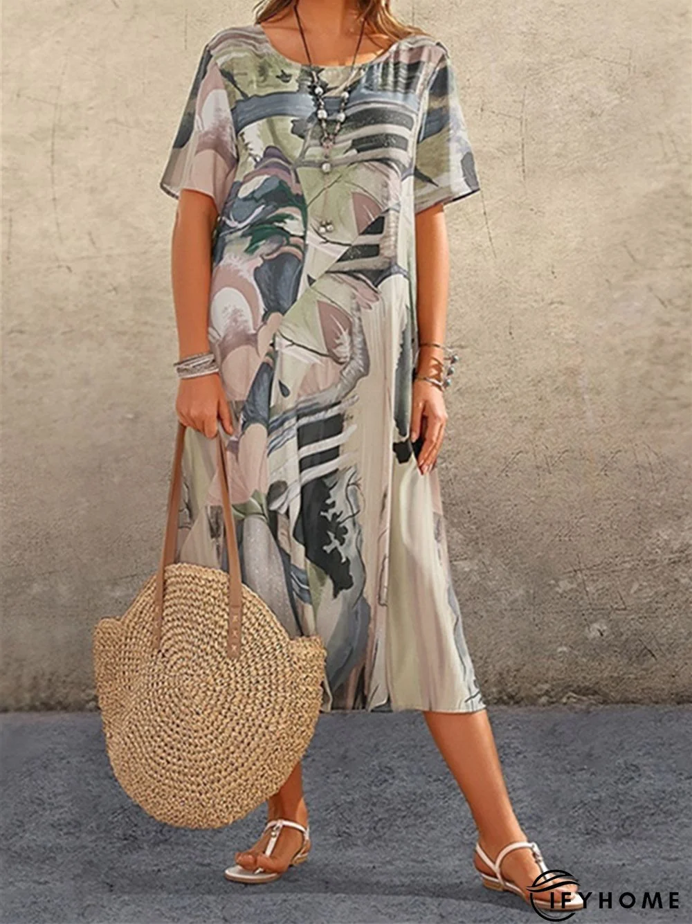 Fashion Casual Print Dress Short Sleeved Beach Dress | IFYHOME