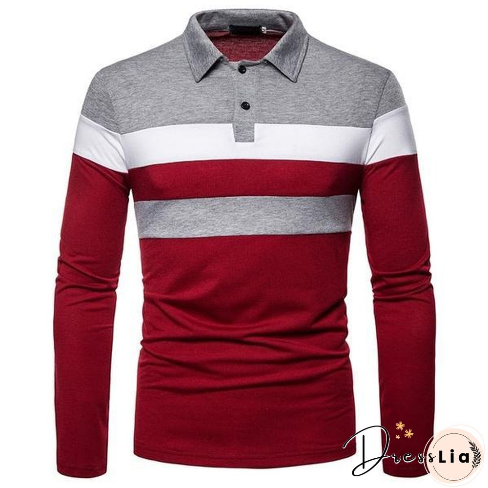 Fashion Men Lapel Long Sleeve Tri-color Striped Stitching Shirts