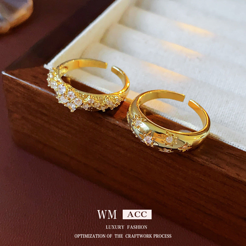 Women Luxurious Round Ellipse Star Wave Flower Geometric Copper Zircon Inlay Rings