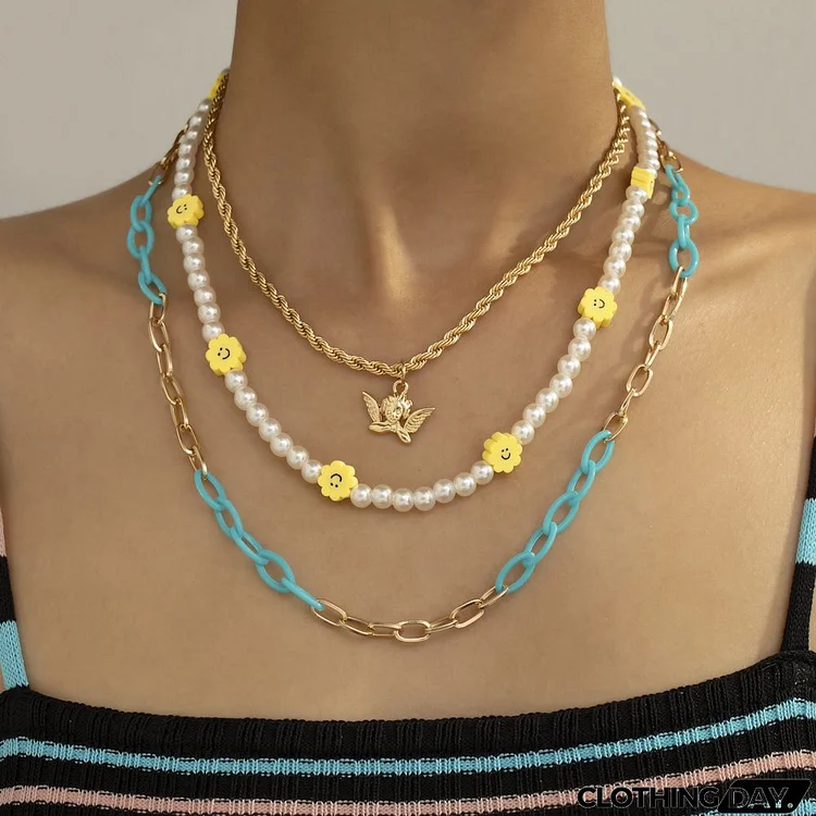 Women Fashion Multicolor Stars Heart Imitation Pearls Chain Multilayer Necklace