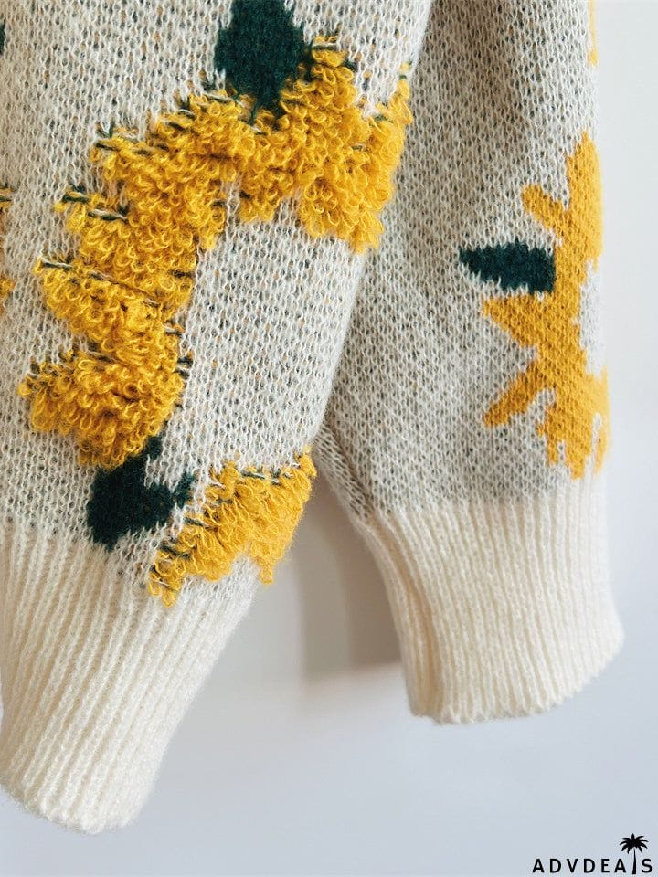 Female Sunflower Crew Neck Pullover Knit Sweater
