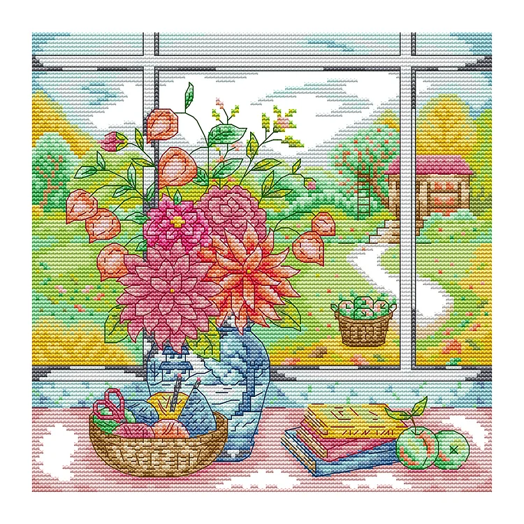 Joy Sunday Seasons Vase On Windowsill 14CT Stamped Cross Stitch 29*29CM