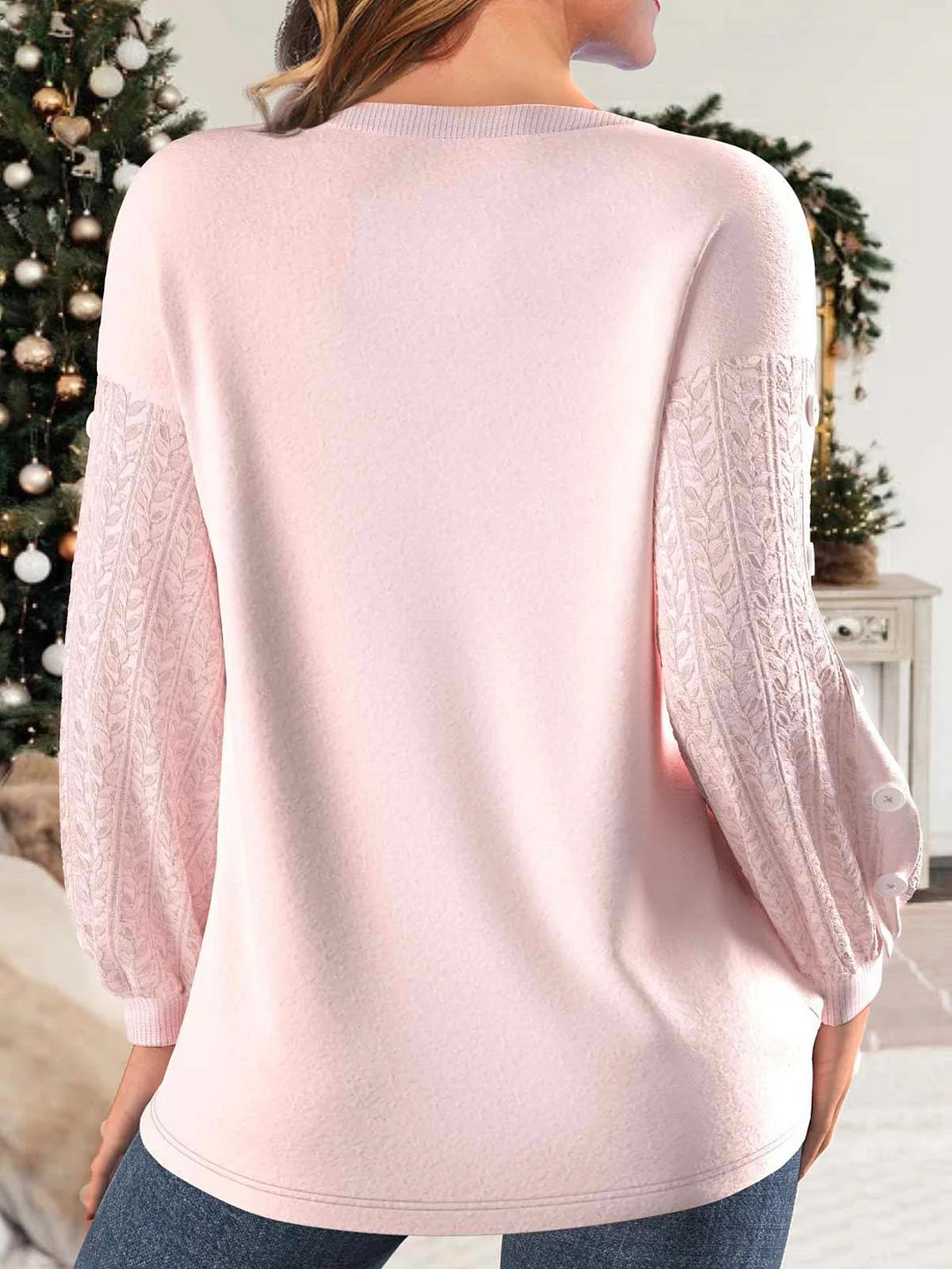 Women's Long Sleeve Scoop Neck Graphic Printed Buttons Top