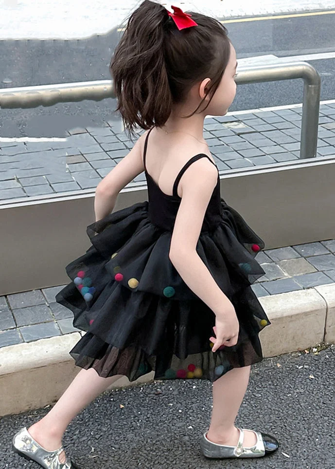 New Black Cold Shoulder Tulle Patchwork Girls Dresses Sleeveless