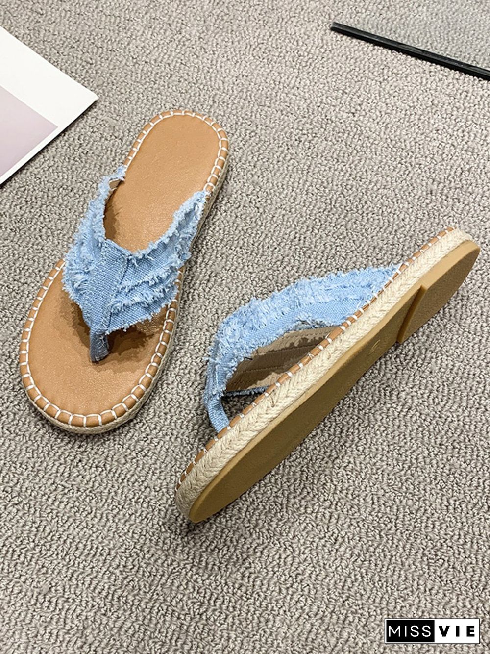 Distressed Denim Fringe Straw Bottom Flip Flops