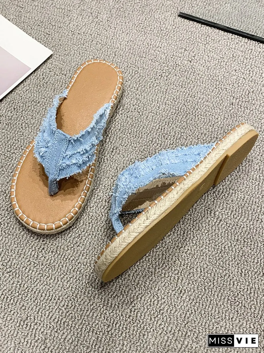 Distressed Denim Fringe Straw Bottom Flip Flops