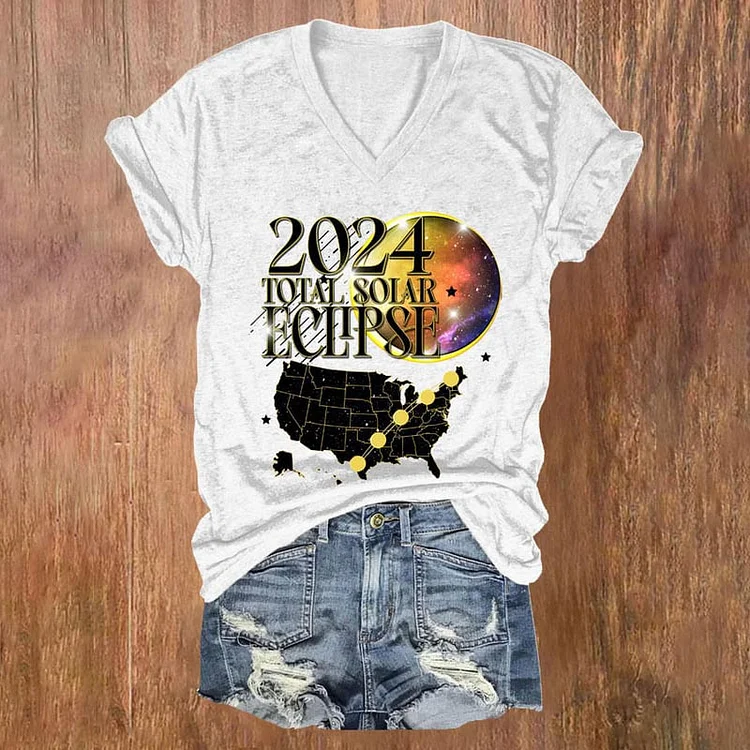 Comstylish Retro 2024 Total Solar Eclipse Print V-Neck T-Shirt