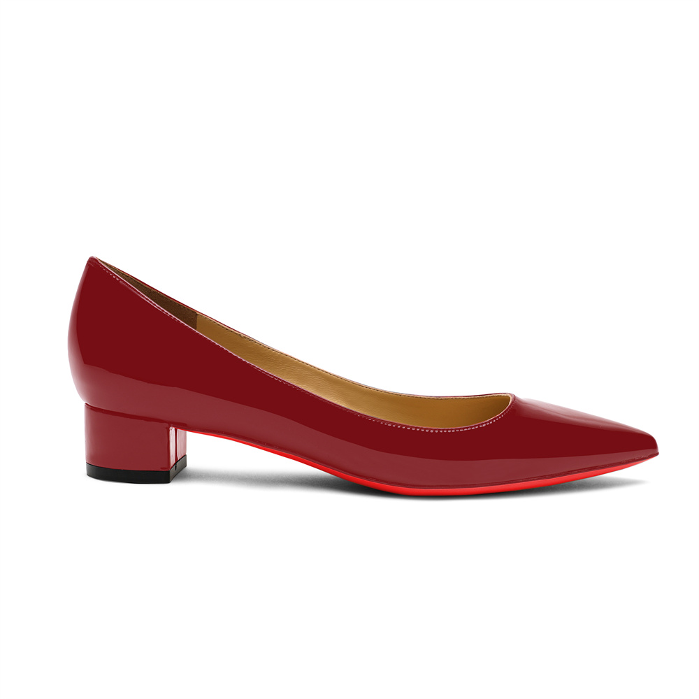30mm Pointed Toe Low Chunky Heels Red Bottom Kitten Heels Daily Patent Pumps for Women-MERUMOTE