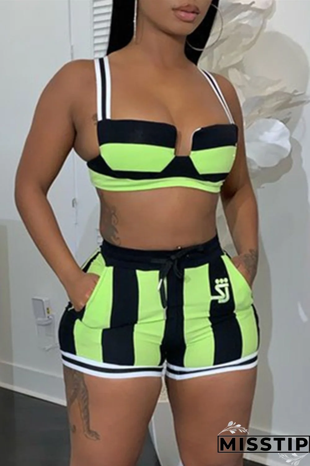 Fluorescent Green Fashion Sexy Striped Print Backless Spaghetti Strap Sleeveless Two Pieces