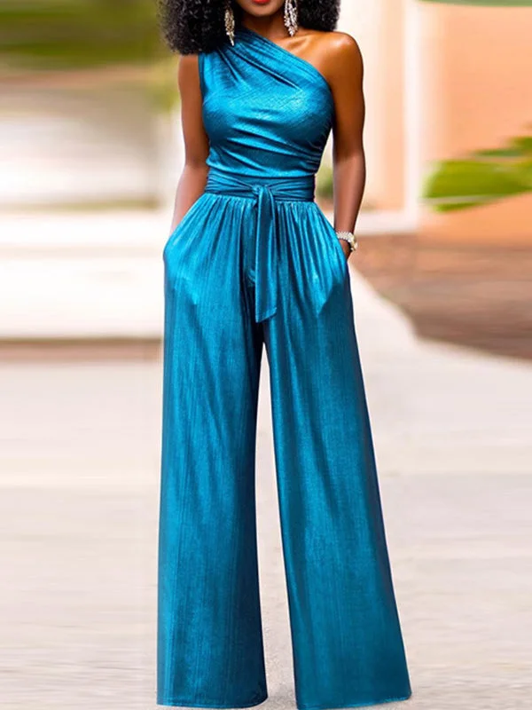 High Waisted Wide Leg Solid Color One-Shoulder Jumpsuits