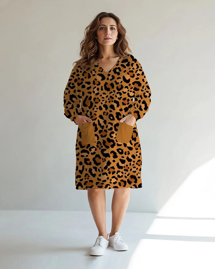 Plus Size Women's Chic Leopard Print Casual Pocket V Neck Dress