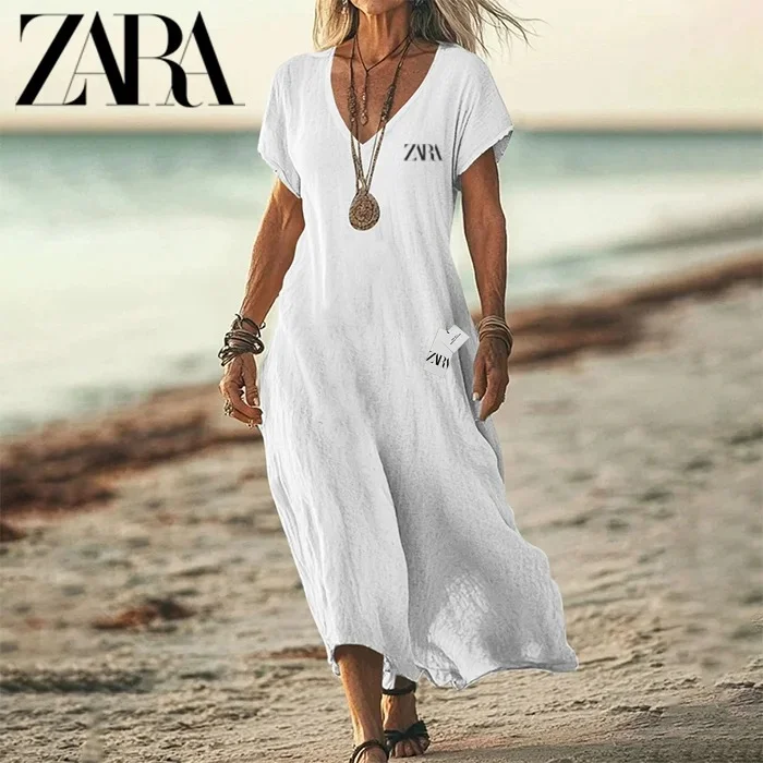 💃ZARA 2025 nowa luźna sukienka z bawełny i lnu z dekoltem w serek i krótkimi rękawami
