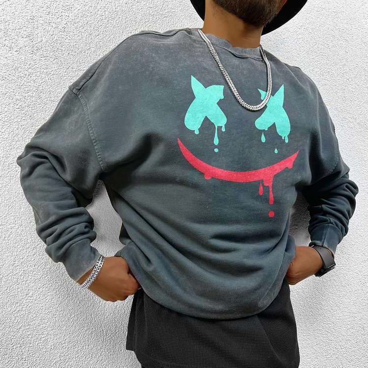 Retro Style Smiley Print Casual Oversized Men's Sweatshirt