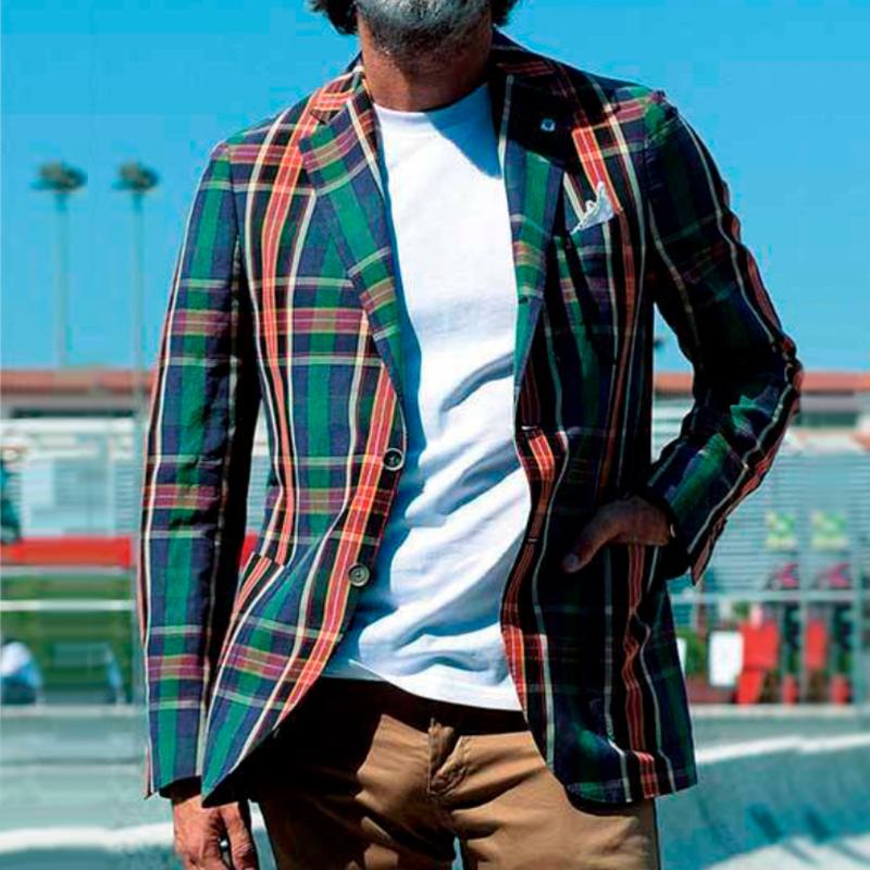 Men's Retro Casual Check Print Pocket Blazer