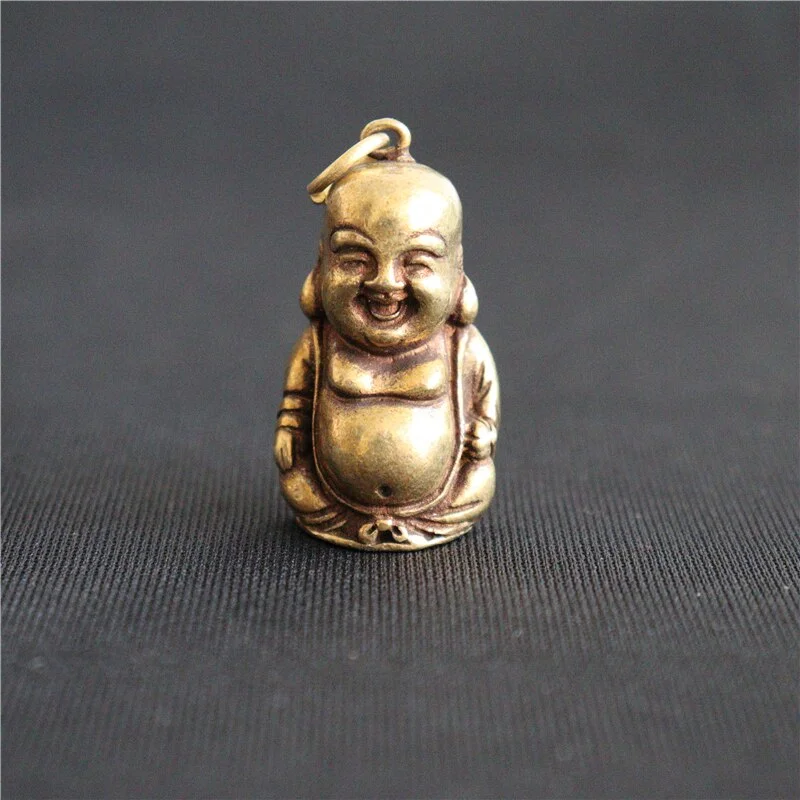 Vintage Solid Brass Maitreya Buddha Statue Key Chain Pendants Pure Copper Laughing Big Belly Buddha Keychains Hanging Ornaments