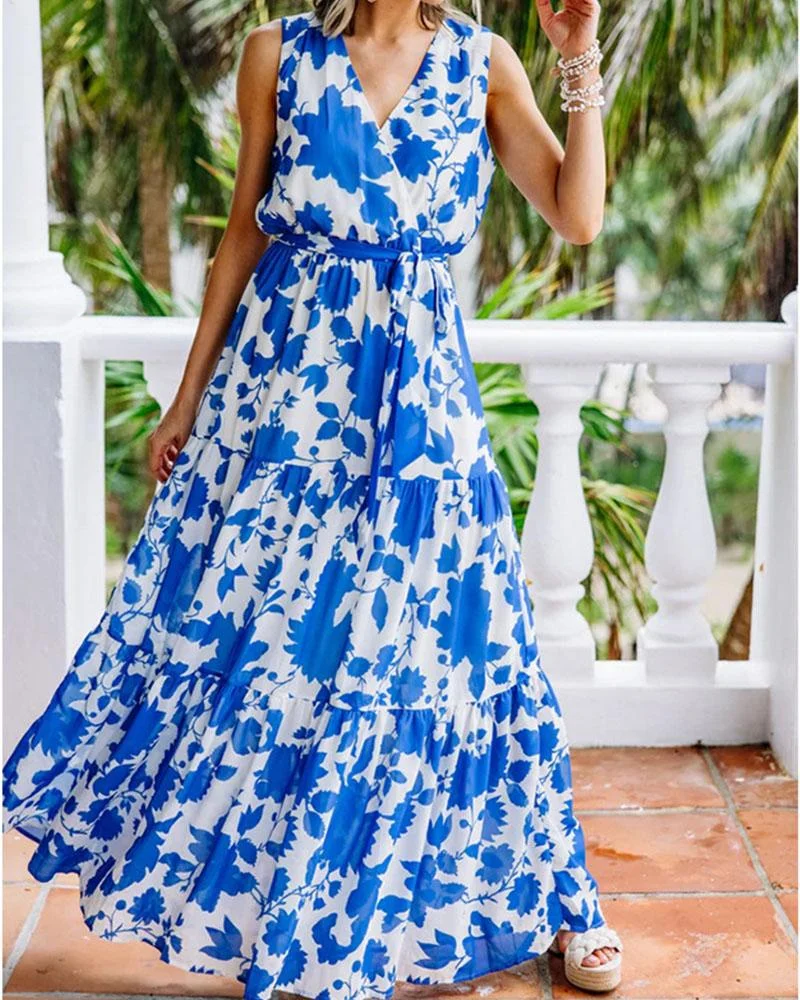 V-neck Sleeveless Print Patchwork Dress