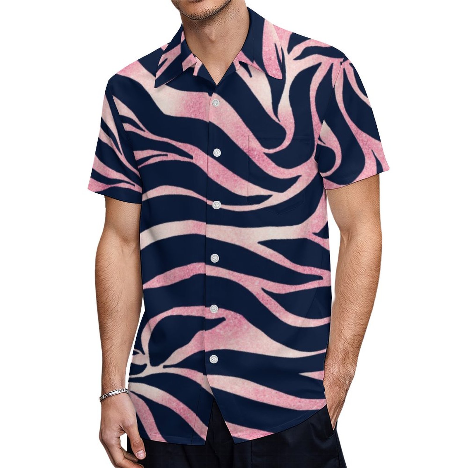 Elegant Rose Gold Glitter Zebra Blue Animal Print Hawaiian Shirt Mens Button Down Tropical Hawaii Beach Shirts