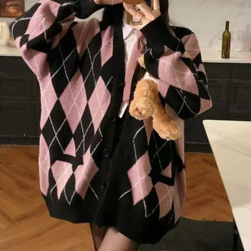 Geometric Abstract Rhombus Knitted Cardigan Women Autumn Winter Single Breasted Loose Casual Sweater Two Piece Pants