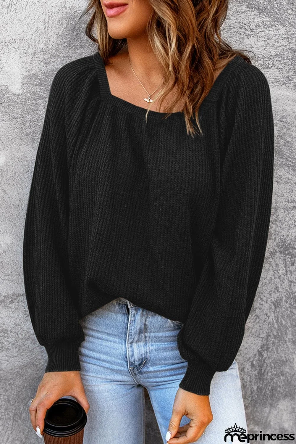 Scoop Neck Puff Sleeve Waffle Knit Top