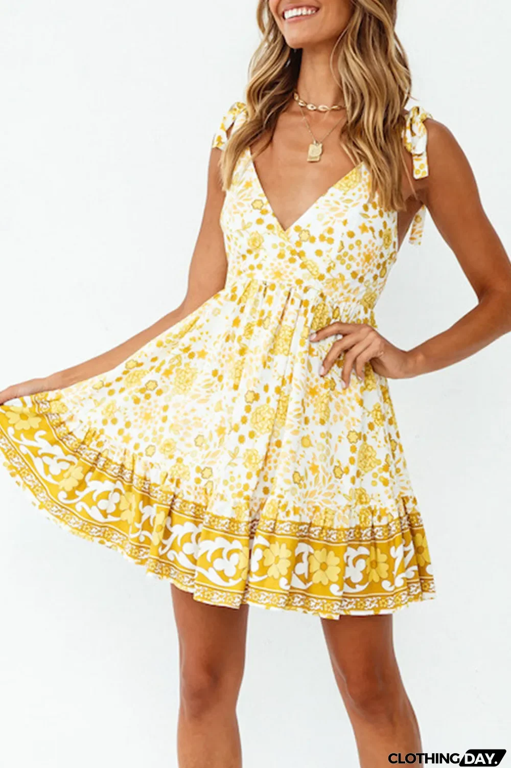 Fashion Street Print Split Joint V Neck Princess Dresses