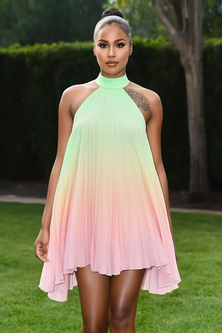 Halter Ombre Irregular Hem Party Mini Swing Dresses-Multicolor [Pre Order]