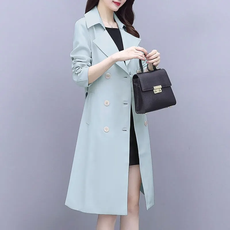 2021 New Spring Elegant Women Double Breasted Solid Thin Trench Coat Vintage Turn-down Collar Warm Trench With Belt Plus Size