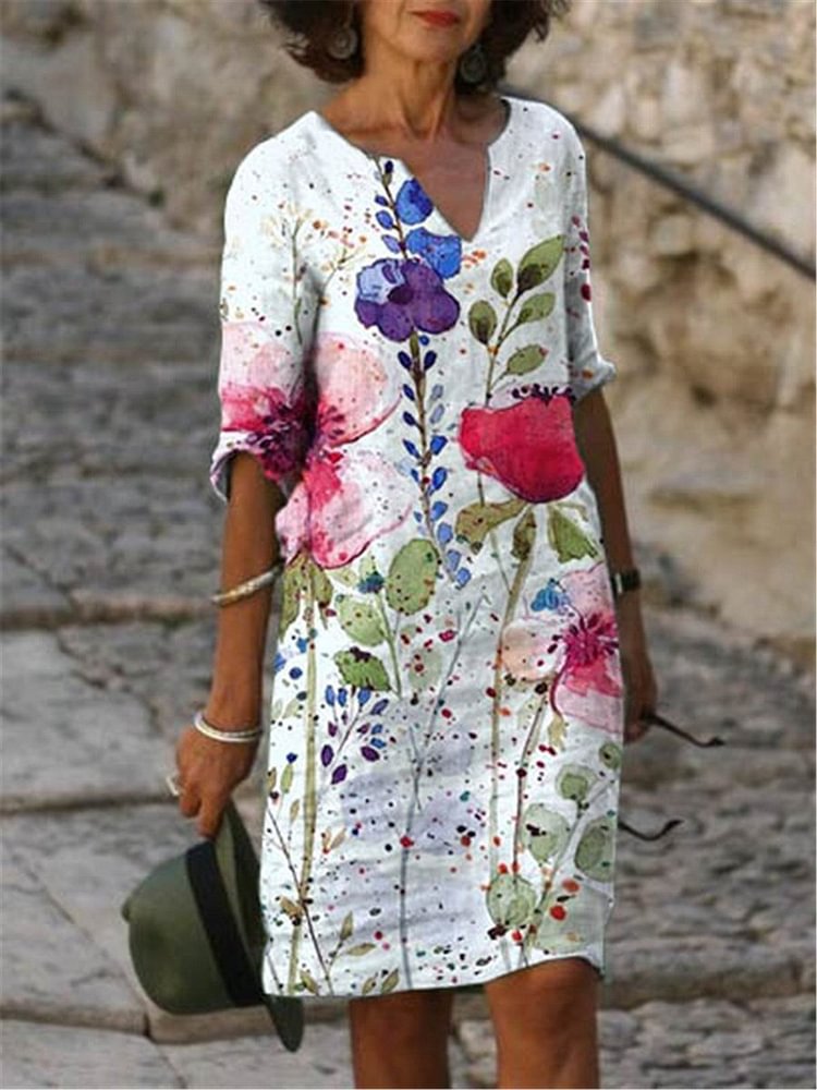 Casual Half sleeve v-neck flower dresses
