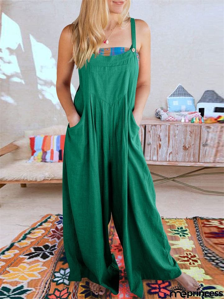 Summer Female Plus Size Solid Color Suspender Jumpsuits with Pockets