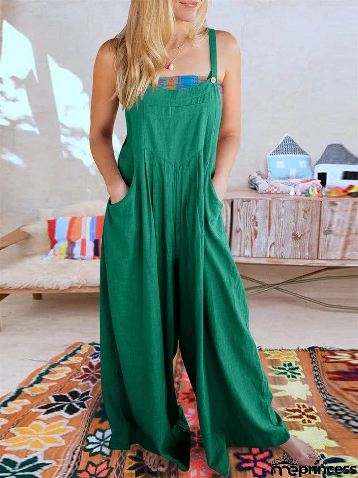 Summer Female Plus Size Solid Color Suspender Jumpsuits with Pockets