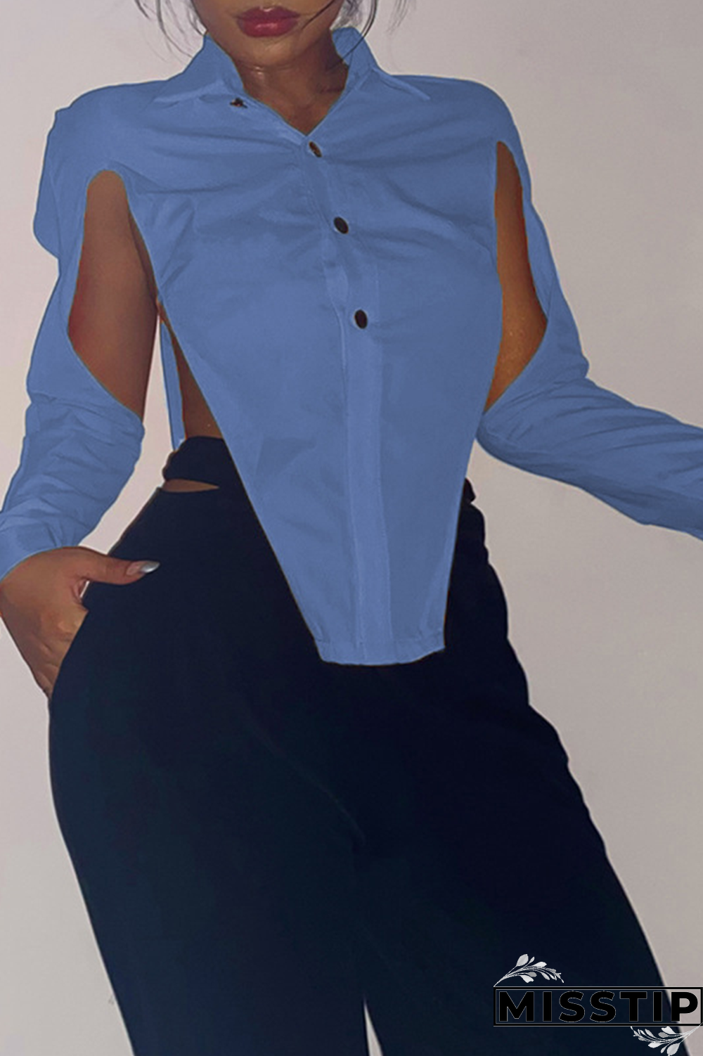 Grey Sexy Solid Hollowed Out Turndown Collar Tops