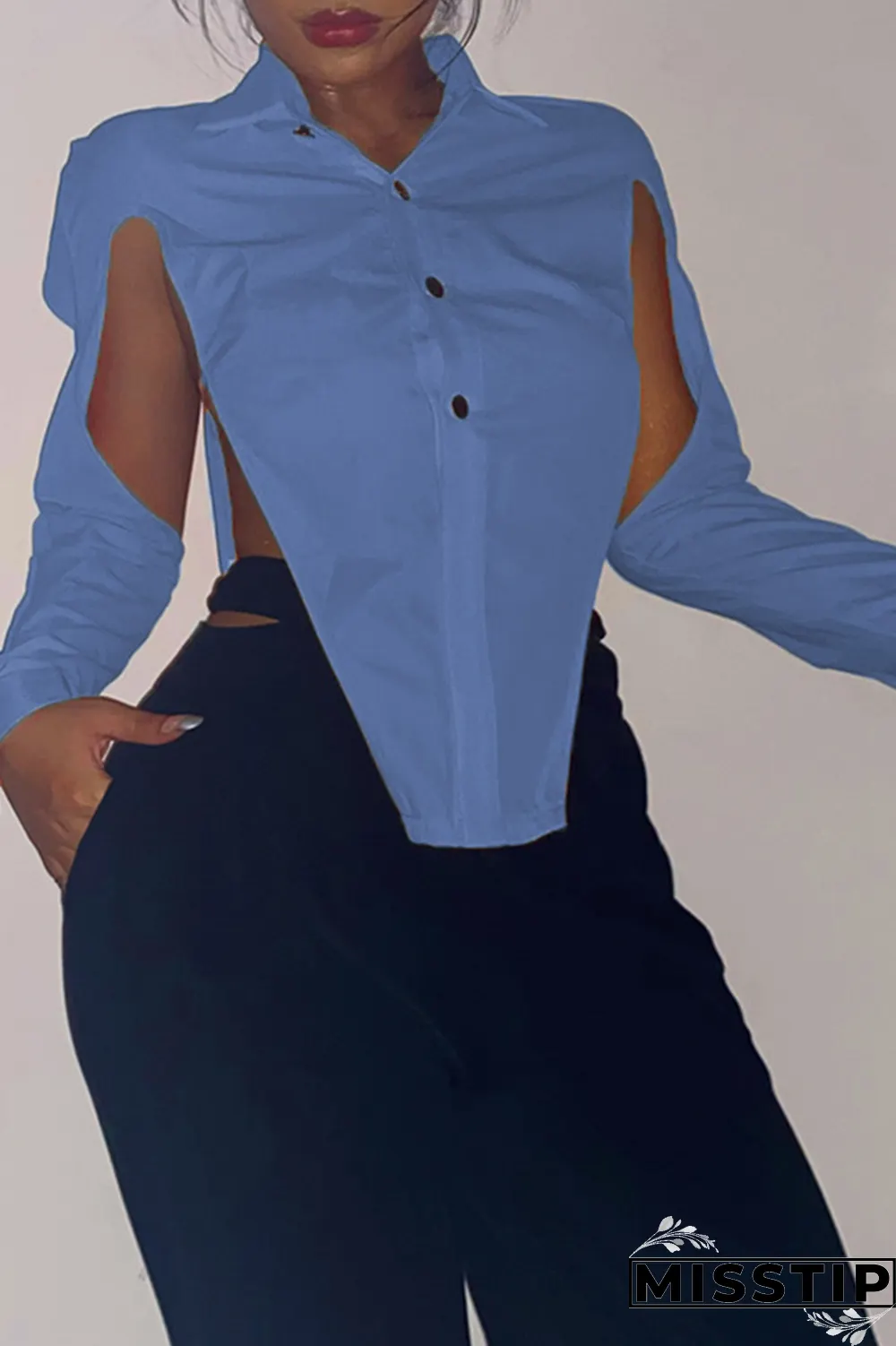 Grey Sexy Solid Hollowed Out Turndown Collar Tops