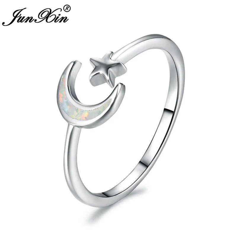 Boho Female Moon Star Finger Ring Fashion Silver Color White Blue Fire Opal Ring Promise Open Engagement Rings For Women
