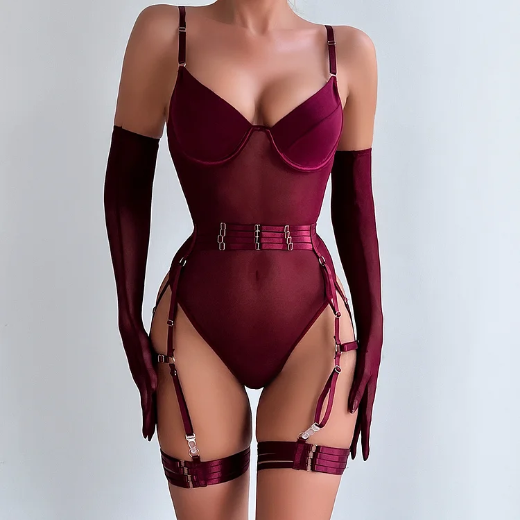  Lace-Up Patchwork Slim Fit Sexy Lingerie Sets with Gloves 3 Pcs