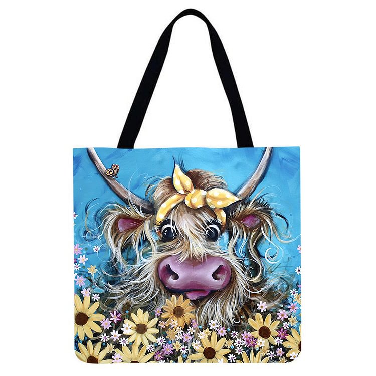 Cow In The Flowers - Linen Tote Bag