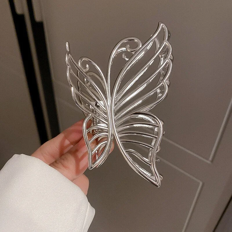 Barbie aesthetic Back to school Vintage Silver Metal Hollow Butterfly Hair Claw Summer New Fashion Korean Shark Clip Hair Accessories for Women Head Ornaments