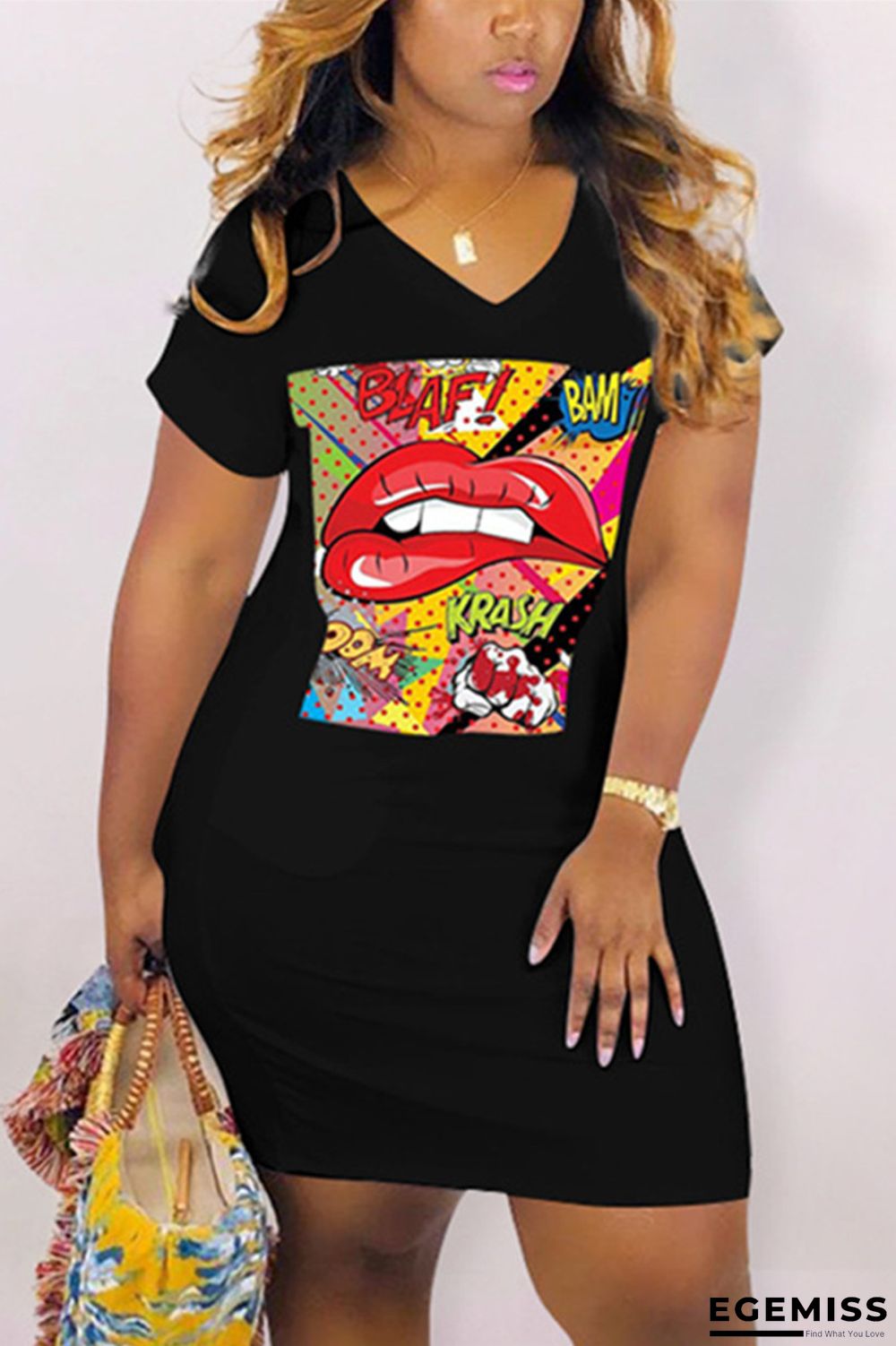 Black Fashion Casual Printed V-neck Loose Dress | EGEMISS