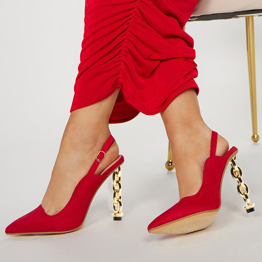 Red Faux Suede Pointed Toe 4‘’ Decorative Heel Slingback Pumps Nicepairs