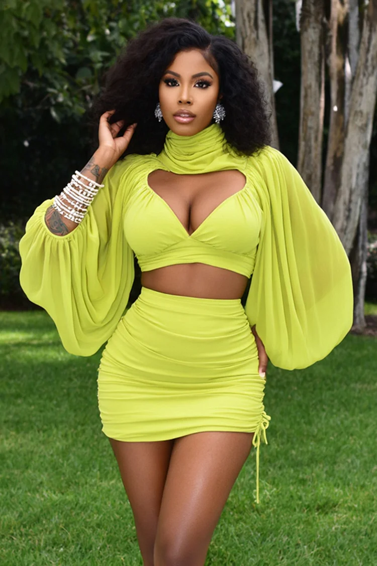 Turtleneck Bell Sleeve Top Ruched Mini Skirt Party 2pcs Set-Green [Pre Order]