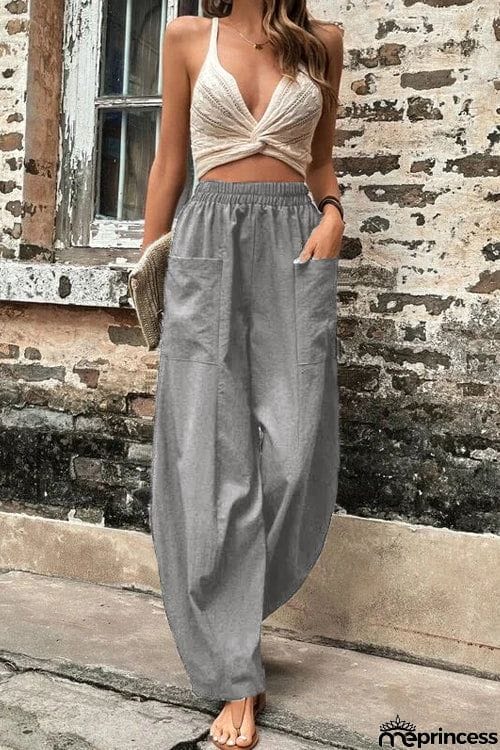 Resort Casual Elastic Waist Loose Trousers