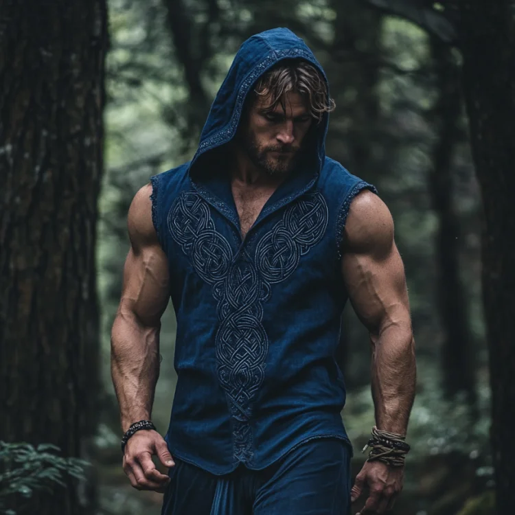 Men's Viking Celtic Knot Embroidered Linen Hooded Tank Top
