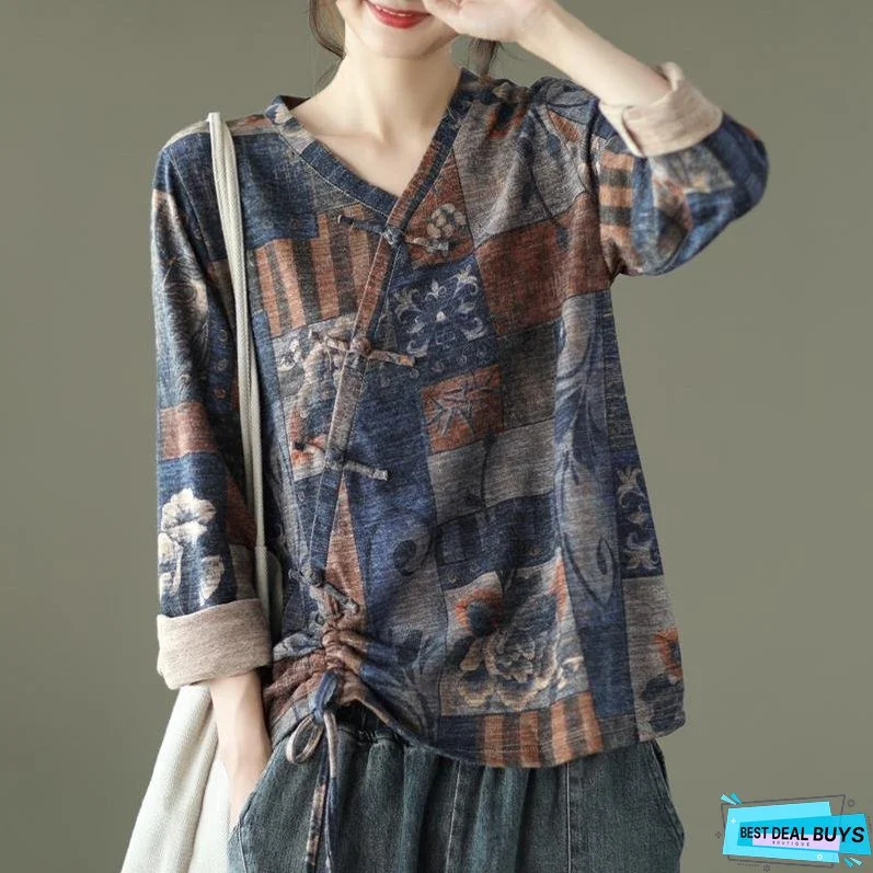 Vintage Floral Print Drawstring Cotton Blouse Summer