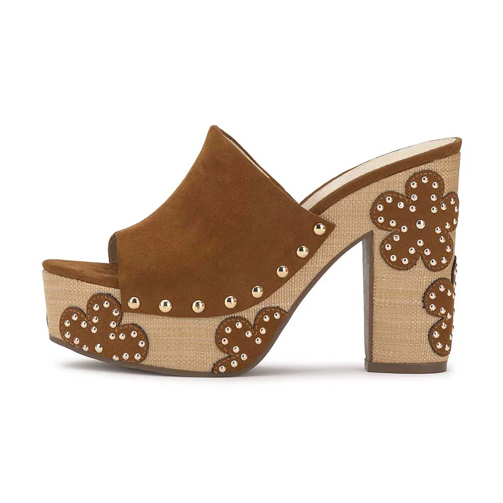 Brown Vegan Suede Open-Toe Studded Chunky Heel Floral Platform Mules