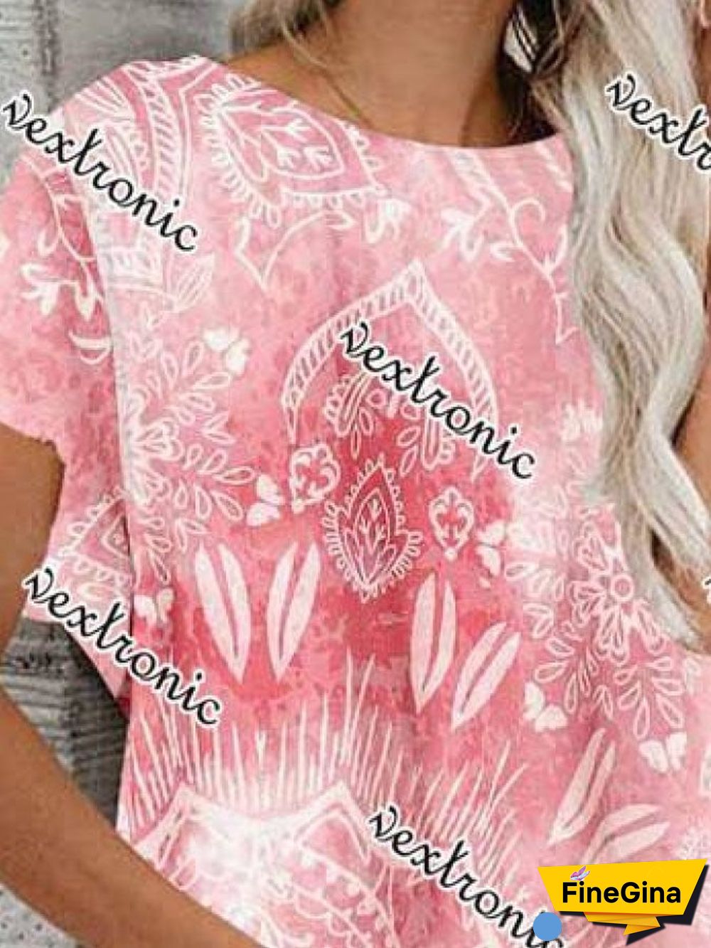 Women Short Sleeve Round Neck Floral Printed Top T-shirt