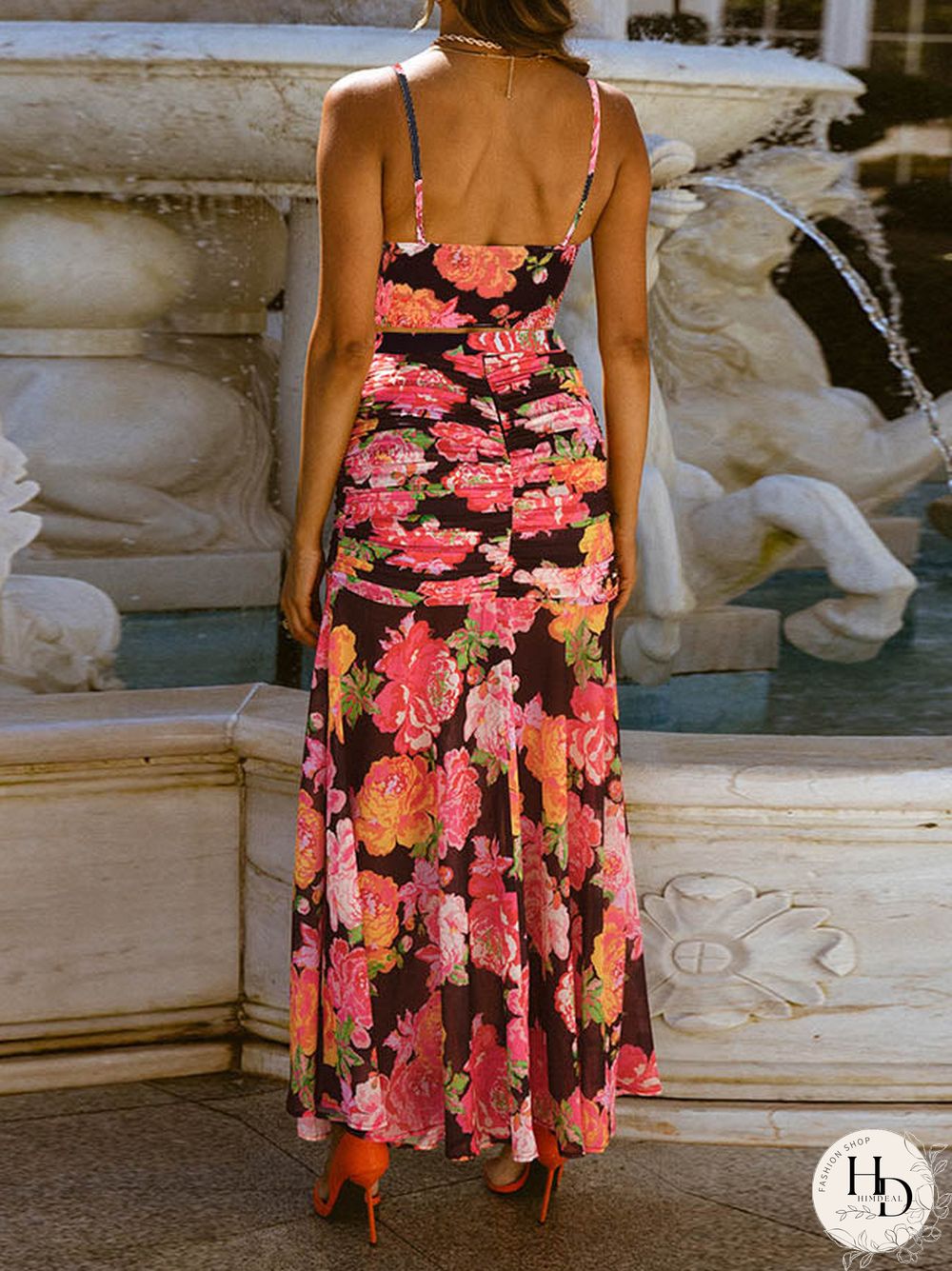 Spaghetti Strap Sleeveless Crop Top Hollow Slit Long Skirt Set