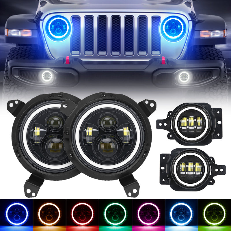 7 Inch LED RGB Headlight With Halo DRL + 9" Headlight Bracket + LED Halo Fog Light for 2018+ Jeep Wrangler JL And Jeep Gladiator JT