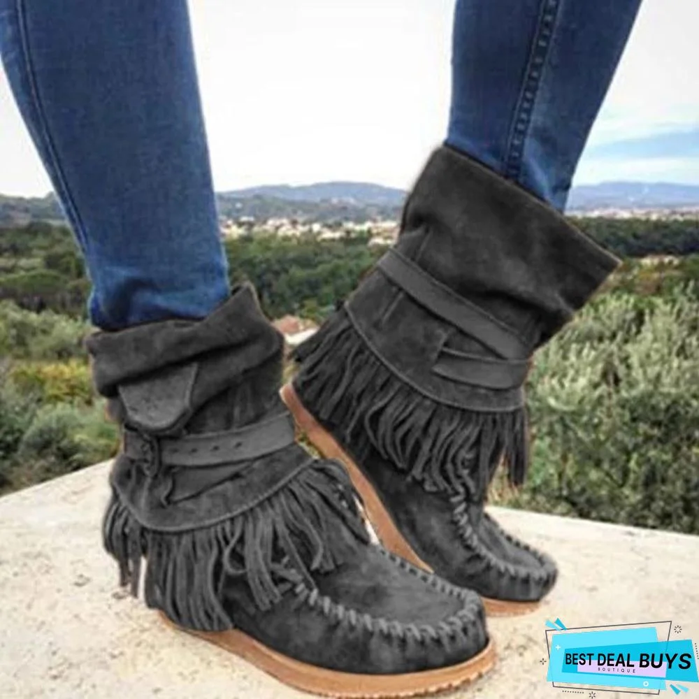 Women's Fringe Round Toe Retro Boots