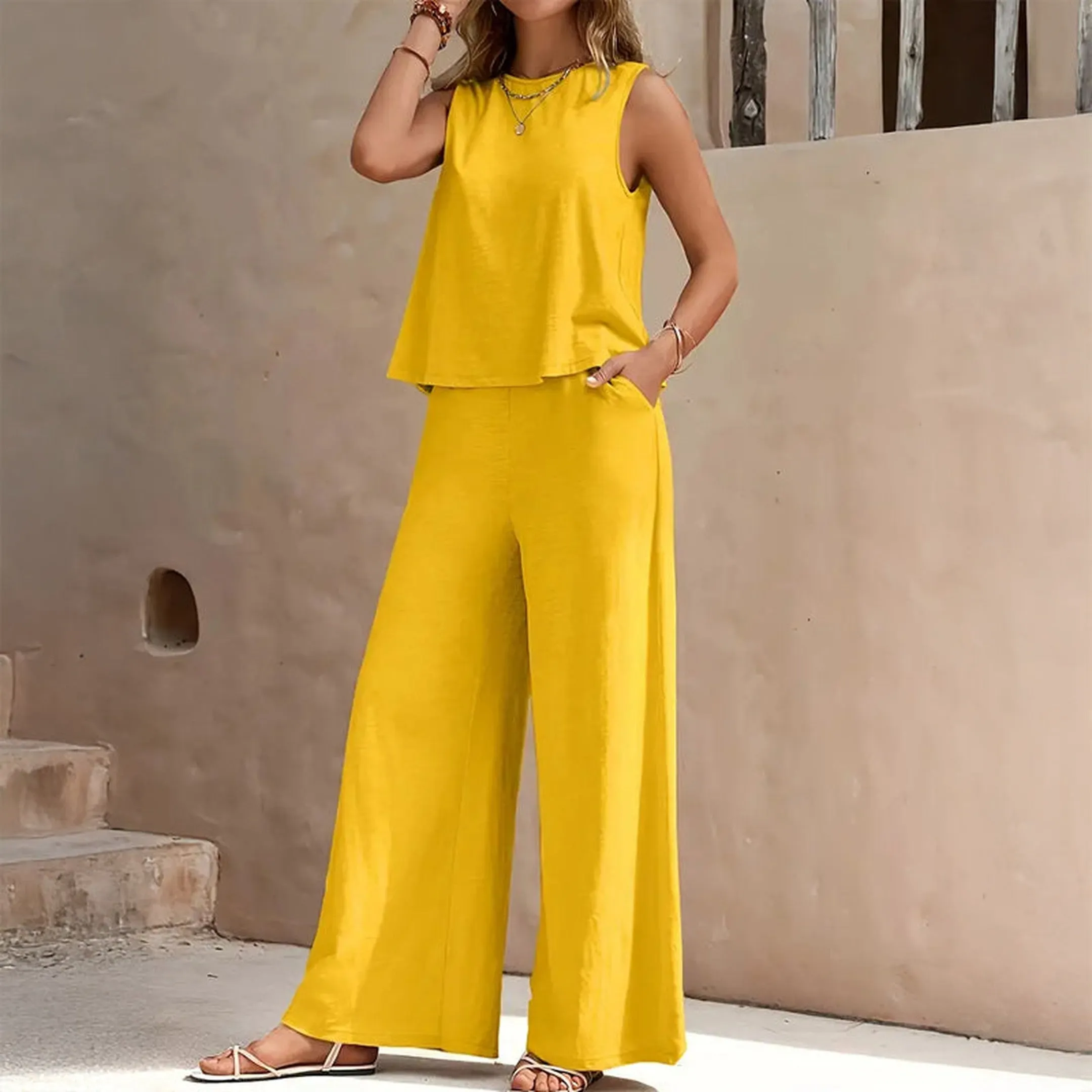 Women's Cotton Two-Piece Set &ndash; Emilia Sleeveless Top & Trousers