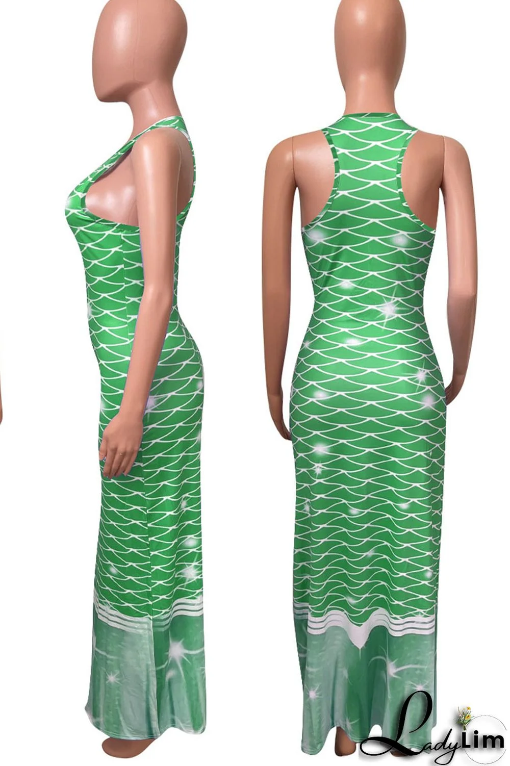 Tangerine Red Casual Print Split Joint U Neck Vest Dress Dresses