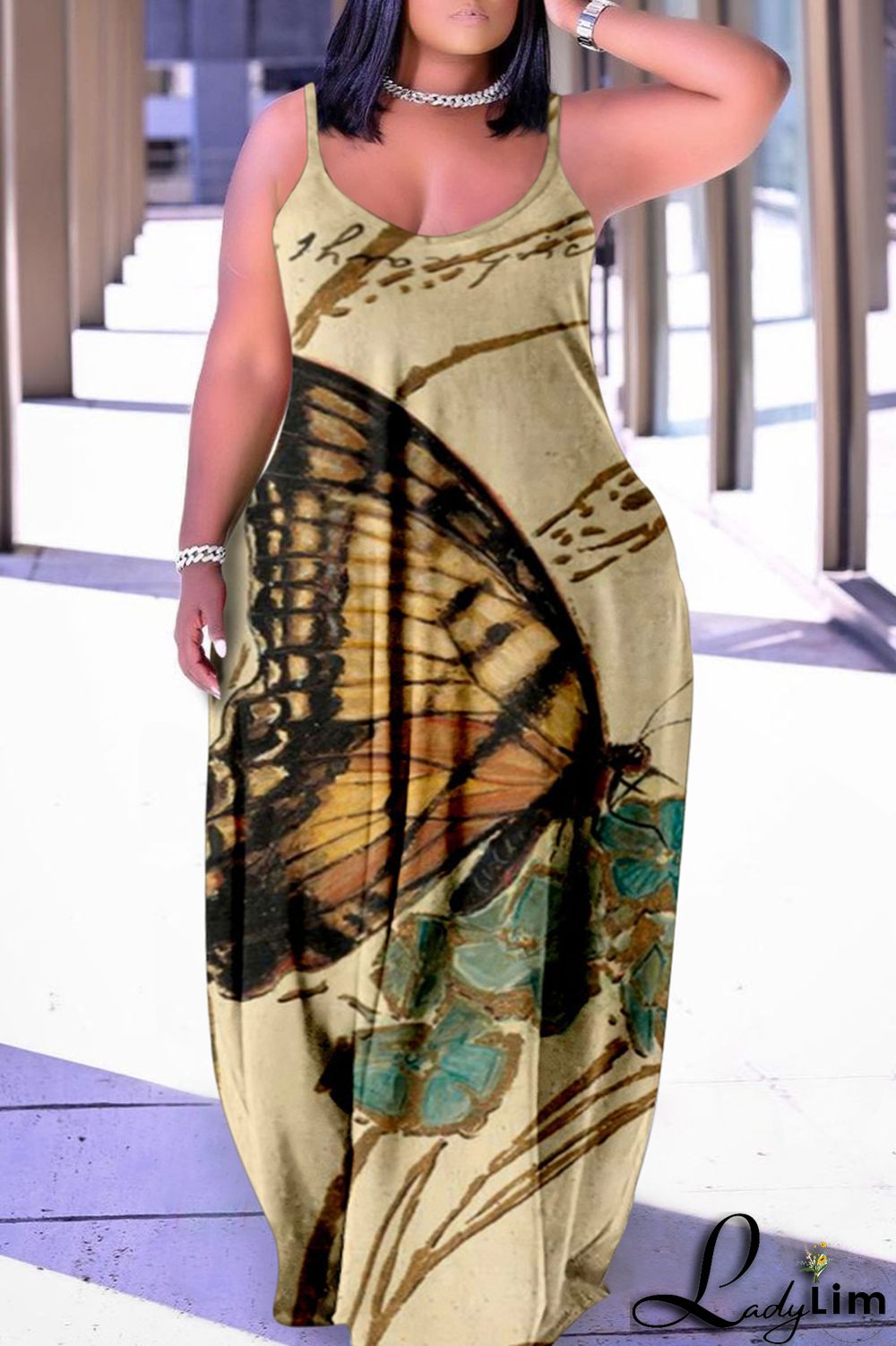 Apricot Sexy Casual Plus Size Butterfly Print Backless Spaghetti Strap Long Dress