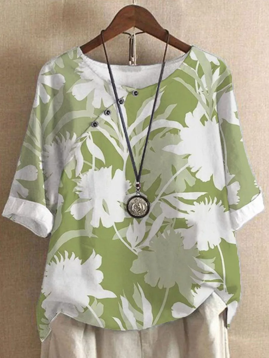 PRETTY LOOSE GREEN FLORAL PRINT SHORT SLEEVE BLOUSE